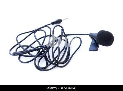 Black lavalier microphone with tangled cable isolated on white Stock Photo