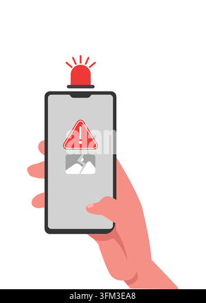 A hand holding a smartphone showing a red warning triangle, siren light, and broken image symbol for emergency alerts and system errors. Stock Vector