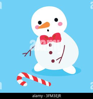 Cute Christmas snowman with red bow tie and candy cane vector illustration hand drawn winter element isolated on blue background Stock Vector