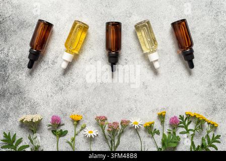 Set of various dropper bottles with essential oil flat lay on rustic background with wild flowers, top view, border of bottle with pipettes with cosmetic products Stock Photo