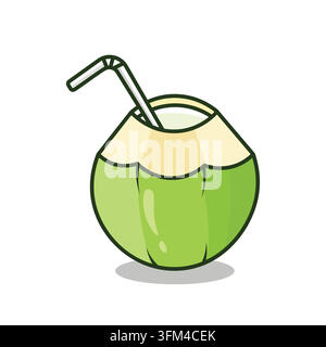 Coconut juice organic fruit logo hand drawn cartoon art illustration featuring a fresh young coconut with a colorful drinking straw Stock Vector