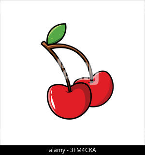 Sweet cherries icon fruit cartoon illustration featuring a pair of glossy red cherries attached to a green stem with vibrant leaves Stock Vector
