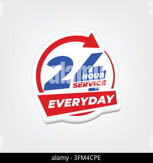 Twenty four hours everyday open service sticker vector illustration featuring a bold 24/7 round badge with clear typography, vibrant accent colors Stock Vector