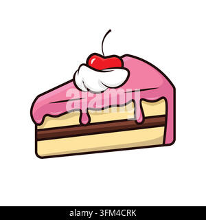 A piece of strawberry cake with cherry on the top vector illustration featuring a slice of soft layer cake filled with rich strawberry cream Stock Vector