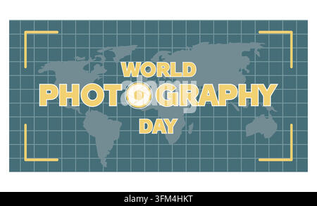 World photography day banner poster on August 19 with world map on green background. flat vector modern illustration Stock Vector