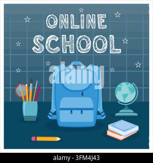 Back to school, online school banner, poster. Backpack with school supplies on checkered chalkboard background. flat vector modern illustration Stock Vector