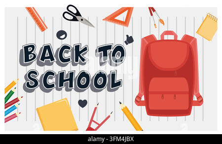 Back to school banner, poster. Red backpack, stationery, paper airplane, doodle on a piece of lined paper. flat vector modern illustration Stock Vector