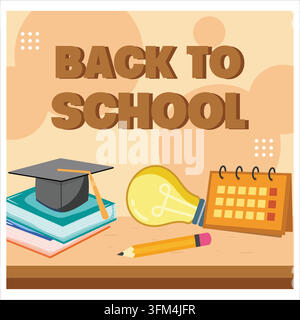 Back to school concept. Realistic calendar, light bulb, book, pen and academic hat. Promo poster with place for text. flat vector modern illustration Stock Vector