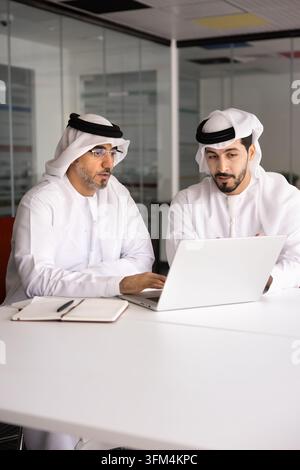 Middle Eastern business partners working in office using laptop Stock Photo