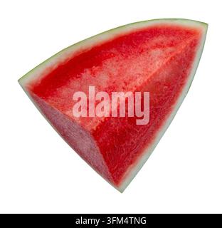 Top view of fresh red watermelon fruit in slices or pieces is isolated on white background with clipping path. Stock Photo