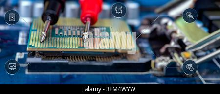 Semiconductor CPU Inspection and Motherboard Diagnostics with Measurement Probes and Digital Electronics Service Concept Stock Photo