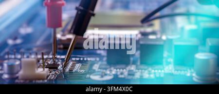 Motherboard Component Testing and Electronics Diagnostics with Measurement Probes for Engineering and Technical Repair Stock Photo