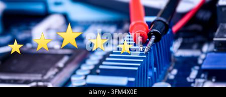 Five Star Hardware Diagnostics and Motherboard Testing with Multimeter Probes for Computer Repair and Quality Service Stock Photo