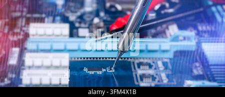 Professional Technician Soldering Microelectronic Component on Printed Circuit Board in Modern Electronics Laboratory Stock Photo