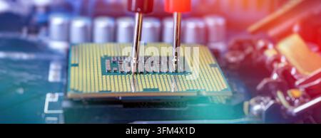 Computer CPU Hardware Diagnostics with Dual Test Probes, Processor Inspection and Advanced Electronic Engineering Concept Stock Photo