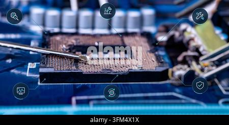 Electronic CPU Socket Maintenance and Computer Hardware Troubleshooting with Digital Repair and Security Symbols Stock Photo