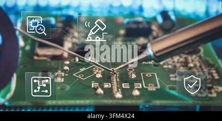Electronic Circuit Board Soldering with Digital Repair Icons for PCB Maintenance, Diagnostics and Hardware Service Stock Photo