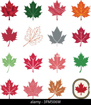 A decorative illustration collection featuring assorted maple leaves in different colors and styles Stock Vector