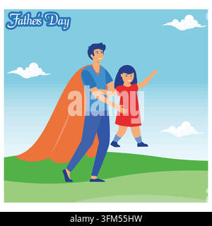 Father Day Happy Superhero with daughter. flat vector modern illustration Stock Vector