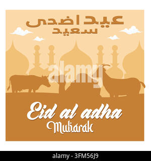 Eid Al Adha cute calligraphy. Celebration of Muslim holiday the sacrifice a camel, sheep and goat. flat vector modern illustration Stock Vector