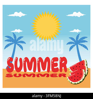 Summer text in beach island with summer elements and watermelon in blue sky. Flat vector modern illustration Stock Vector