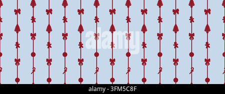Seamless cane pattern with vertical stripe, trees, bows and candy canes. Whimsical holiday bg for wrapping paper or holiday banners Stock Vector