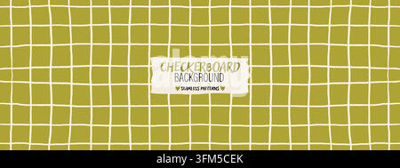 Wavy green grid pattern with checkered squares. Seamless background with hand drawn crossing lines Stock Vector