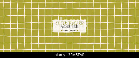Wavy green grid pattern with checkered squares. Seamless background with hand drawn crossing lines Stock Vector