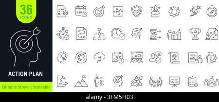 Action plan web icons in line style. Planning, strategy, target, workflow, teamwork, leadership, performance, productivity, business meeting and goal Stock Vector