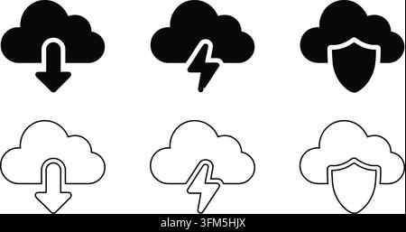 Meteorology symbols for storm and rain, data security cloud illustrations, download arrow vector set for interface design. Stock Vector