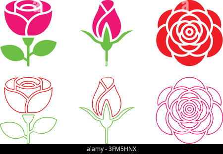 Collection of blooming rose symbols, minimalist floral silhouettes for logo design, natural botanical garden icons for web. Stock Vector