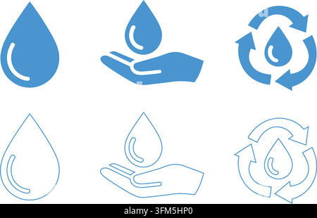 Environmental water conservation icons. Features liquid droplets and sustainable arrows. Clean blue graphic elements. Stock Vector