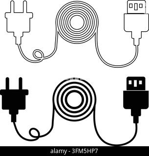 Collection of cable connectors with coiled wire showing power plug and usb port in outline and solid silhouette vector style. Stock Vector