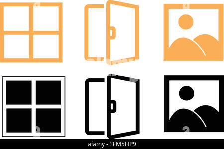 Clean vector icon set featuring window frame open door and mountain landscape illustration in black and orange styles. Stock Vector