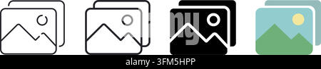 Photo gallery web icons in line style. Image collection, photography, media library, digital album, picture storage, photo management and visual conte Stock Vector