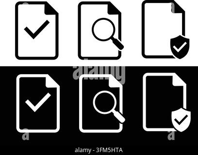 Paper file symbols with checkmark magnifying glass and shield icons. Professional data protection and audit graphics. Stock Vector