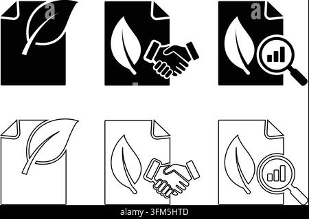 Sustainability report icons including environmental file folder handshake and magnifier. Eco friendly corporate graphics. Stock Vector