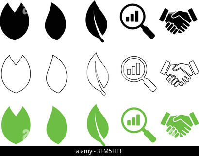 Assorted environmental symbols including foliage magnifier glass and hands shaking. Sustainable business branding elements. Stock Vector