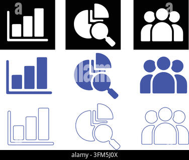 Professional corporate icons representing business analytics statistics data search and collaborative teamwork structure. Stock Vector
