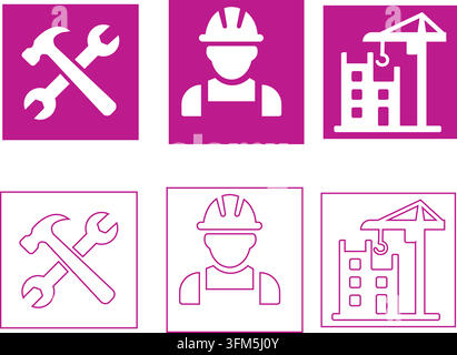 Set of construction icons featuring tools worker and crane designs in magenta squares for building and industrial mobile apps. Stock Vector