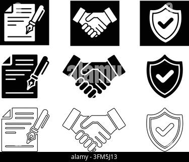 Corporate compliance vector icons depicting contract signing handshake partnership and data protection shield. Stock Vector