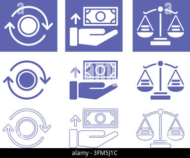 Professional vector icons illustrating financial transactions balance scales and money management concepts for modern business interfaces. Stock Vector
