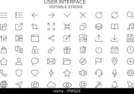 User interface web icons in line style. Navigation, menu, search, home, profile, message, mail, folder and settings set editable stroke. Stock Vector