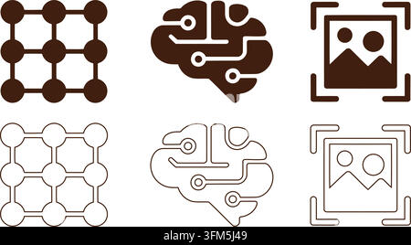 Earth tone graphic elements including neural networks digital brains and image scanning symbols for tech development. Stock Vector