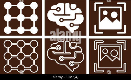 Set of modern icons featuring connection grid artificial intelligence brain and photo scanning symbols on brown background for design usage. Stock Vector