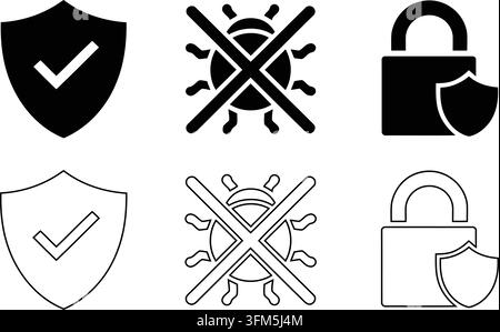 Collection of black shield icons featuring checkmark bug crossed signs and lock protection for digital security user interface. Stock Vector