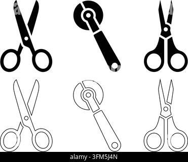 Versatile set of cutting implements including sharp scissors and pizza style rotary cutters for sewing and crafting applications. Stock Vector