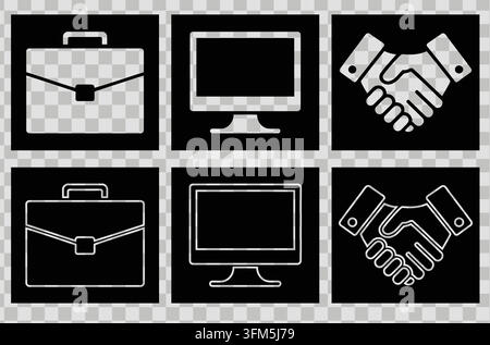Professional briefcase, desktop computer, and partner handshake symbols inside dark squares for modern web projects. Stock Vector