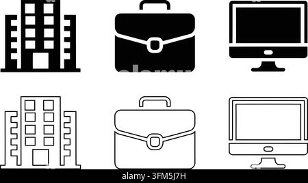 Office real estate, professional briefcase, and desktop computer symbols shown in flat black glyph and outline designs. Stock Vector