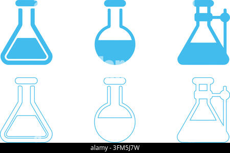 Six scientific laboratory icons featuring flasks and test tubes. Flat and outline styles for chemical research and education. Stock Vector